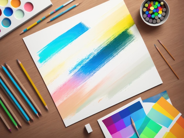 A wooden table with a variety of color paints and a box of paint.