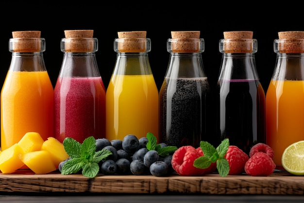 A wooden table with a variety of fruit juices and berries