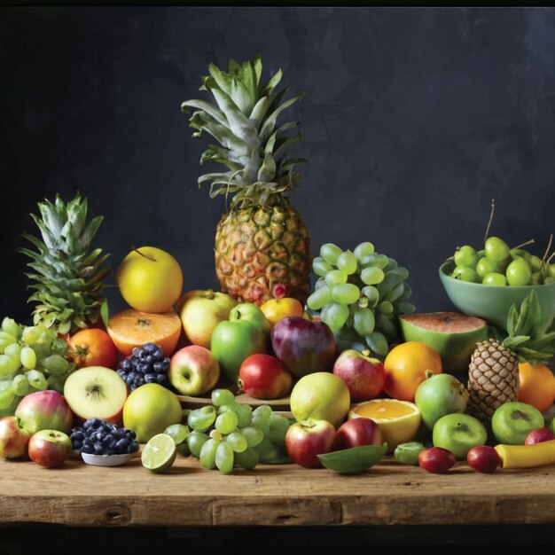 a wooden table with a variety of fruits including pineapple pineapple and a bowl of fruit