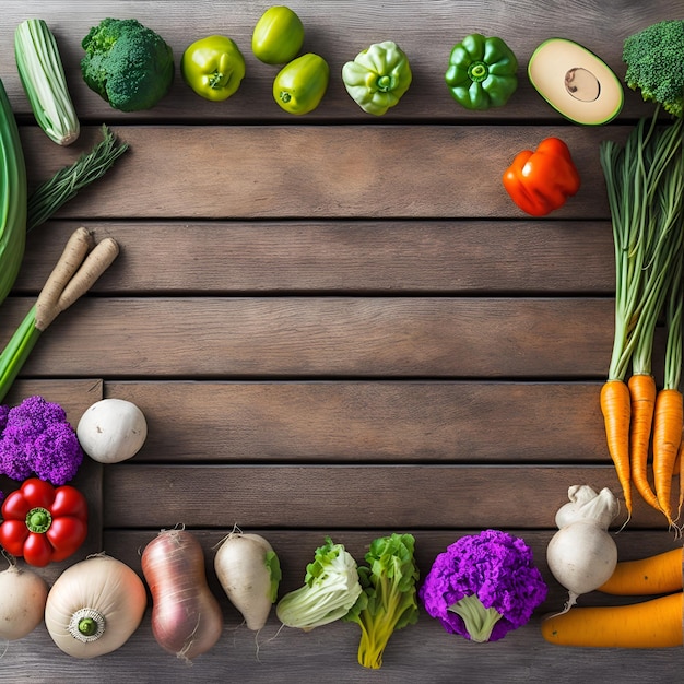 A wooden table with a variety of vegetables including broccoli, avocado, and avocado.