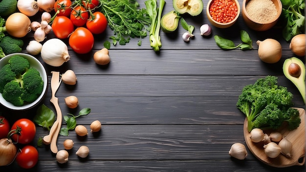 A wooden table with a variety of vegetables spices and nuts arranged on it