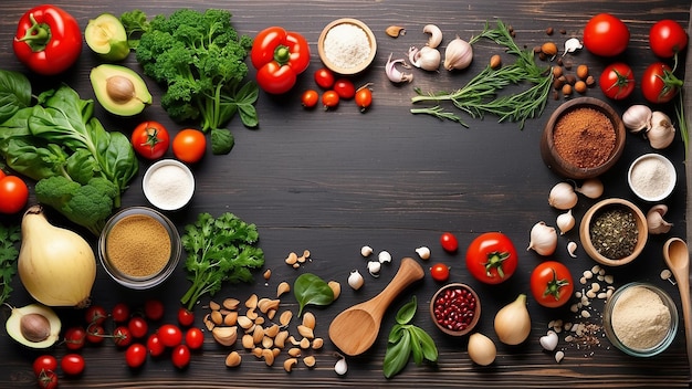 A wooden table with a variety of vegetables spices and nuts arranged on it