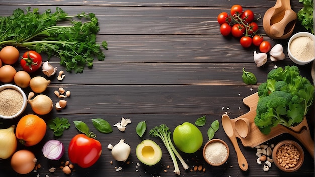 A wooden table with a variety of vegetables spices and nuts arranged on it