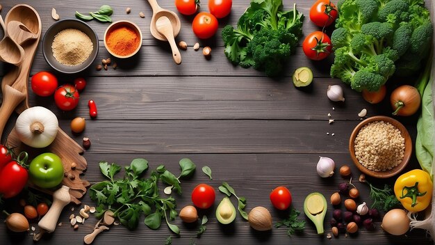 A wooden table with a variety of vegetables spices and nuts arranged on it