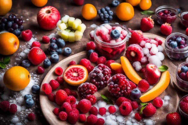 a wooden table with various fruits including berries bananas and a bowl of ice