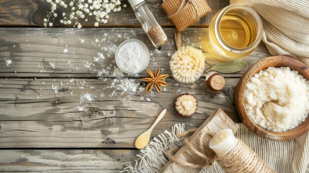 Photo a wooden table with various items including a bottle of perfume a bottle of cream and a box of cookies