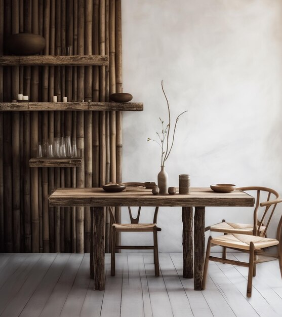 A wooden table with a vase and a chair in front of it.