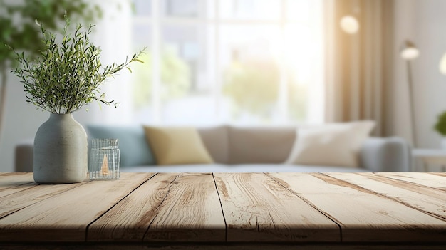 a wooden table with a vase of flowers on it and a plant in the background