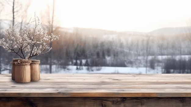 A wooden table with a vase of flowers on it with a snowy landscape in the background