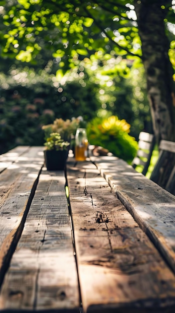 Photo a wooden table with a vase of flowers on it