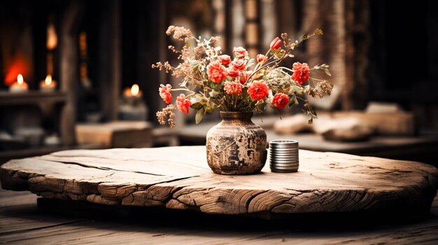 Photo wooden table with a vase of fresh flowers rustic elegance