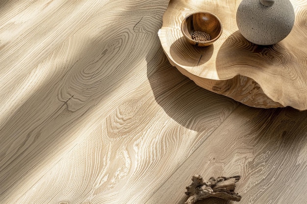 Photo wooden table with vase and rocks