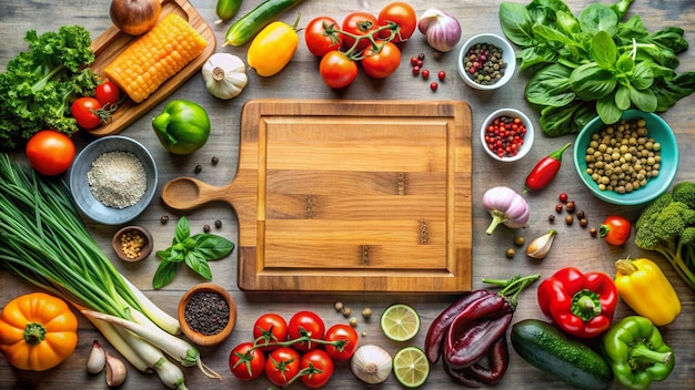 a wooden table with vegetables and a picture of a frame with a picture of vegetables on it