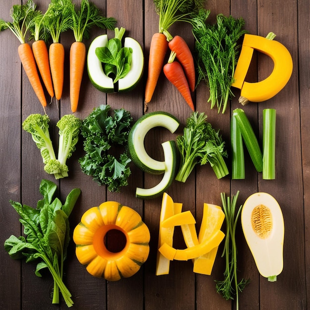 Photo a wooden table with vegetables and the word world on it