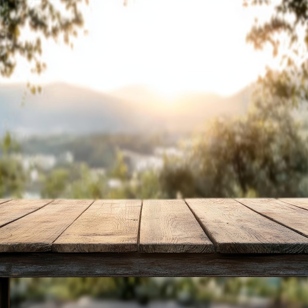 a wooden table with a view of a city and the sun behind it