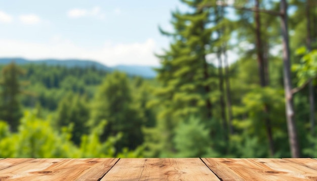 Photo a wooden table with a view of a forest and mountains in the background