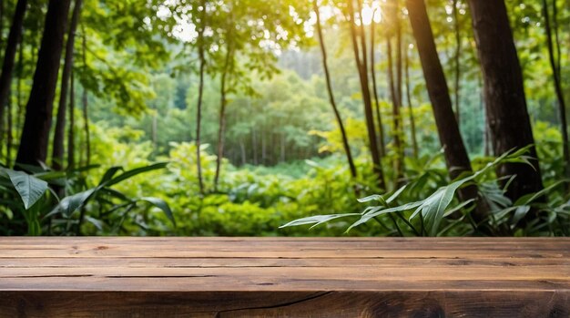 Photo a wooden table with a view of the forest and the sun shining through the trees