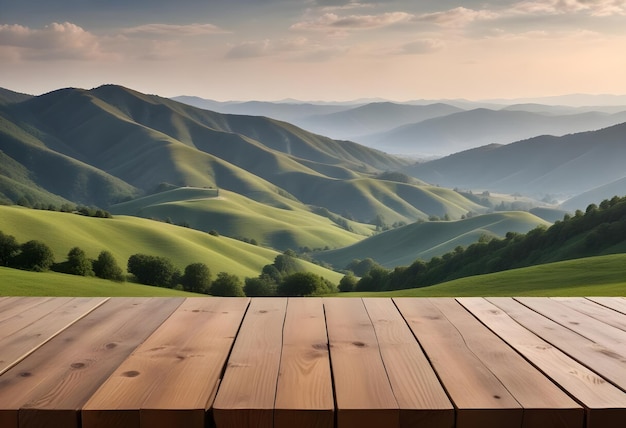 a wooden table with a view of a green valley and mountains