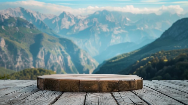 a wooden table with a view of a mountain range