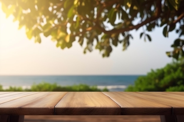 Wooden table with a view of the sea and the sun