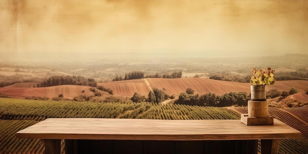 a wooden table with vineyard fields in the style of italian landscapes