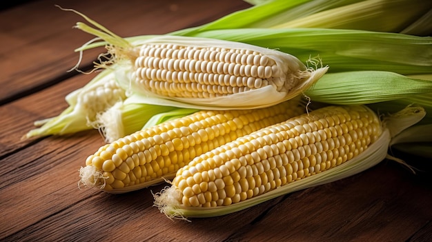 Wooden table with white corn on it