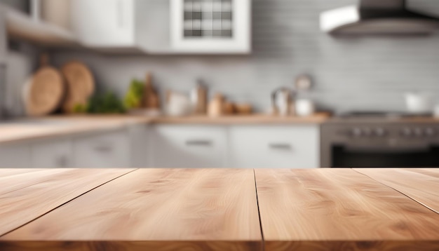 a wooden table with a white kitchen in the background