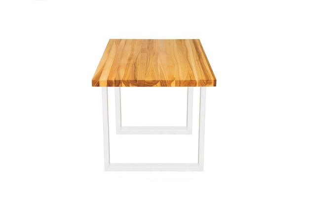 wooden table with white metal legs on white background