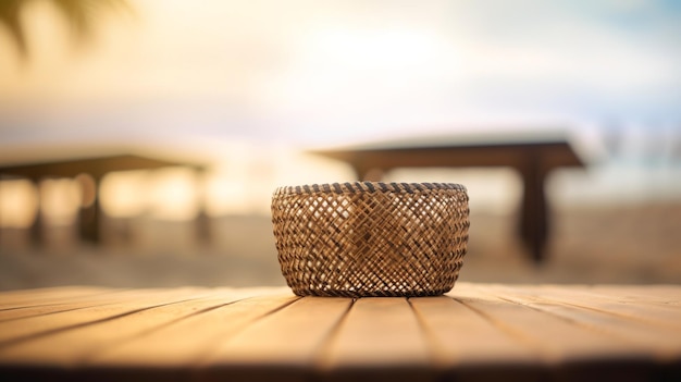 A wooden table with a wicker basket on it