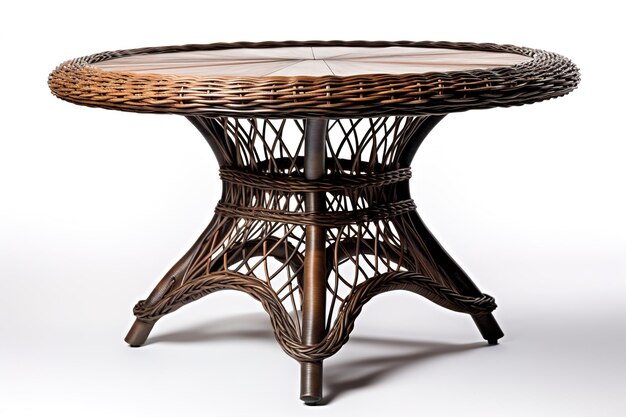 A wooden table with a wicker top and a lattice design