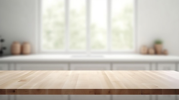 A wooden table with a window in the background