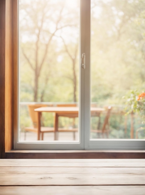 Wooden table with window and blurred nature garden park background Copy space High quality photo