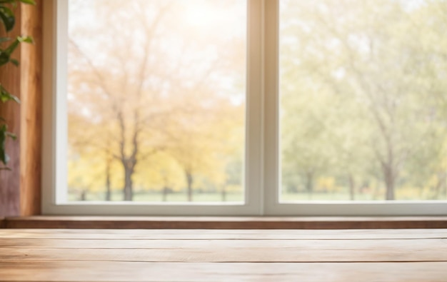 Wooden table with window and blurred nature garden park background Copy space High quality photo