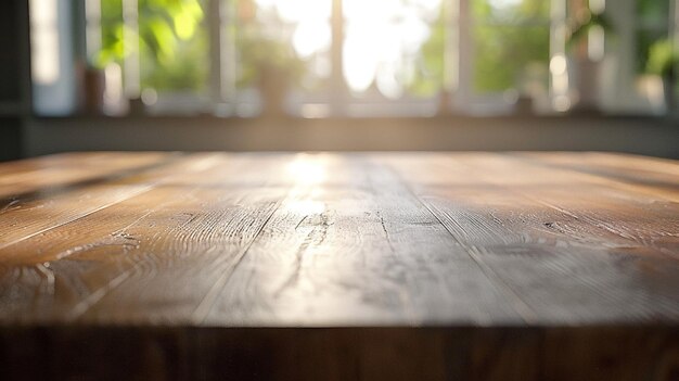 Photo a wooden table with a window behind it that says  the word  on it