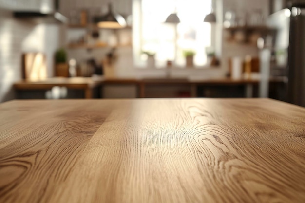 a wooden table with a window behind it