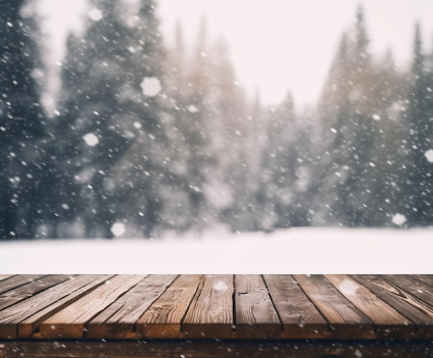 wooden table with winter snowy landscape background Christmas backdrop with copy space