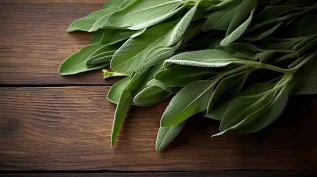 A wooden table with a wooden background with green leaves on it.