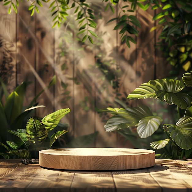 a wooden table with a wooden disc on it and a plant in the background