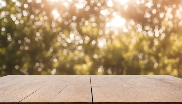 Wooden table with a wooden table and a tree in the background