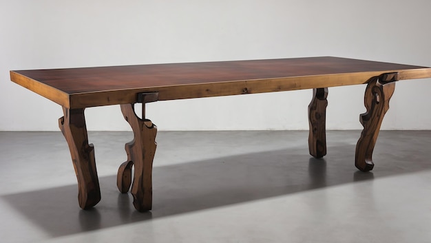 a wooden table with a wooden top sits on a gray floor