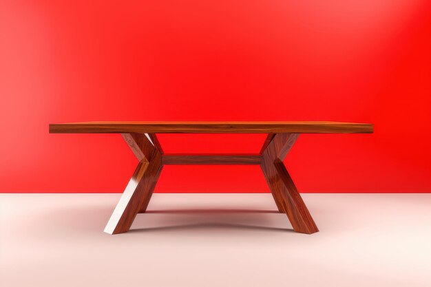 Wooden Table With XShaped Legs Against Red Wall