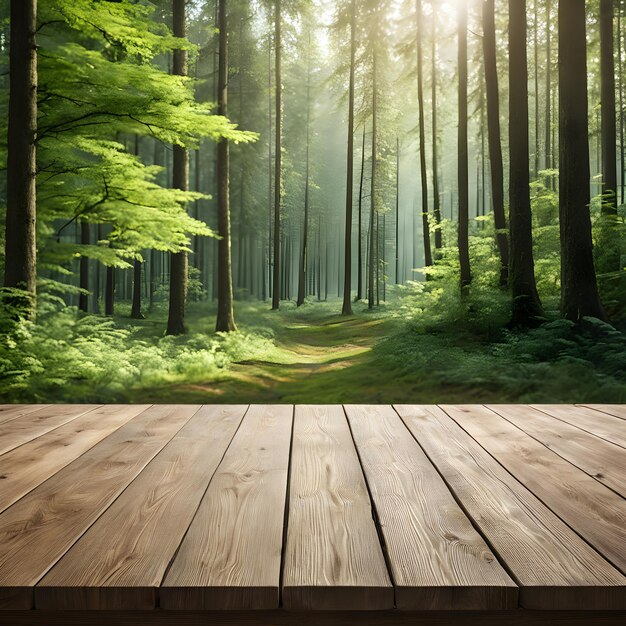 a wooden table in the woods with a wooden table and a wooden table with a bench on it