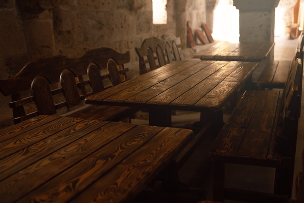 Wooden tables and chairs in the temple