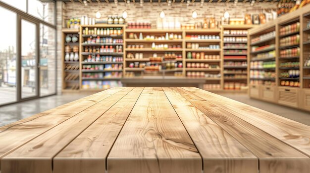 Photo wooden tabletop against blurred supermarket interior