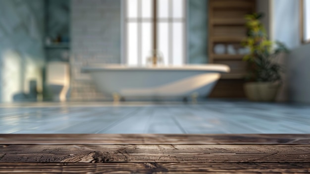 Wooden Tabletop in a Bathroom with a Bathtub