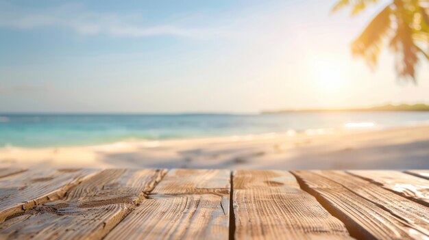 Wooden tabletop blurred beach sunny light relaxed mood