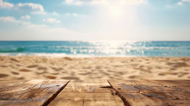 Wooden tabletop blurred beach sunny light relaxed mood