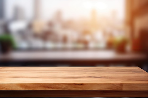 Wooden tabletop in a blurred kitchen backdrop for showcasing products or designing visuals