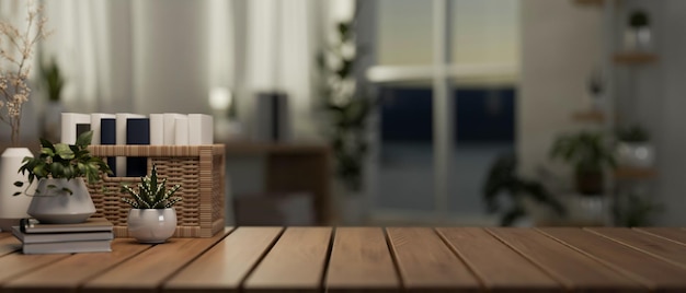 A wooden tabletop feature a copy space against a blurred background of a minimalist apartment room