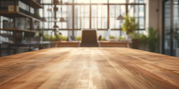 Wooden Tabletop In Modern Office With Large Windows